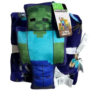 Minecraft 3 Piece Travel Set Zombie Shaped Pillow Blanket Kids Purple NWT